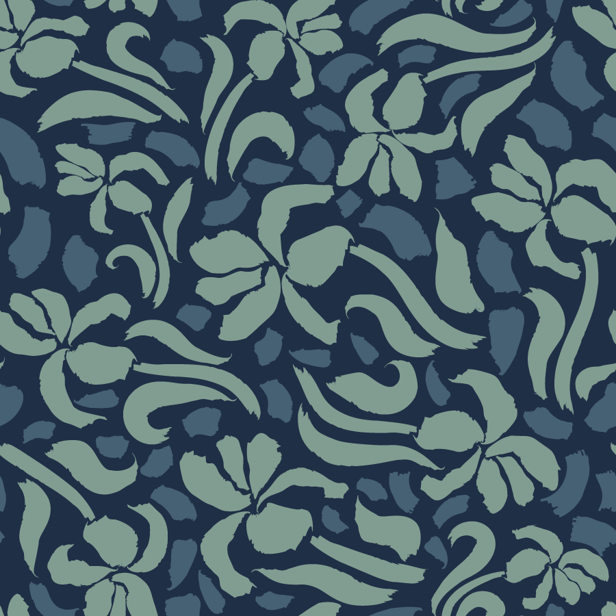 Stylized sage green flowers and muted blue brushstrokes form a seamless, repeating pattern on a dark navy background.