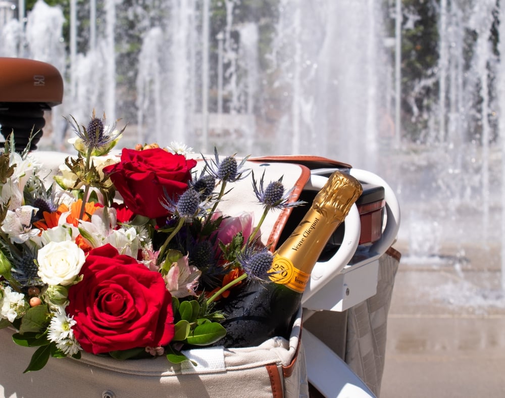 A picnic basket on a white bicycle filled with red roses and a bottle of Champagne, in front of a splashing water fountain.