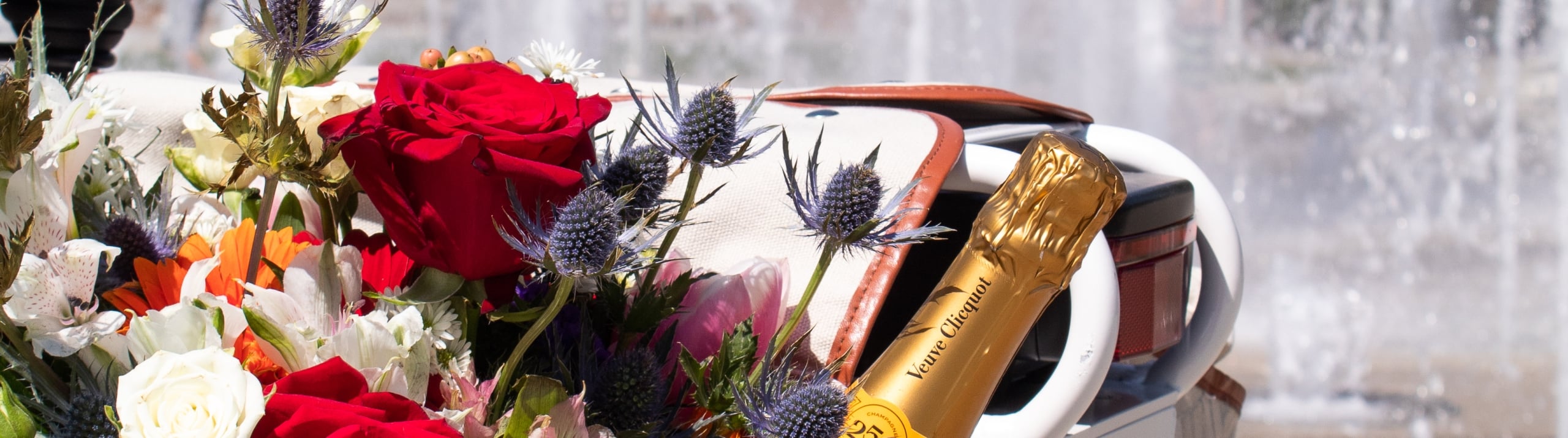 A picnic basket on a white bicycle filled with red roses and a bottle of Champagne, in front of a splashing water fountain.