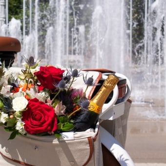 A picnic basket on a white bicycle filled with red roses and a bottle of Champagne, in front of a splashing water fountain.