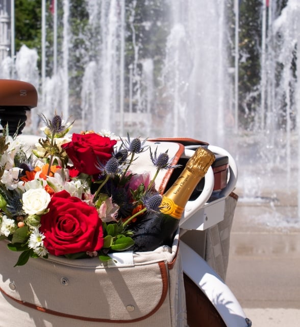 A picnic basket on a white bicycle filled with red roses and a bottle of Champagne, in front of a splashing water fountain.