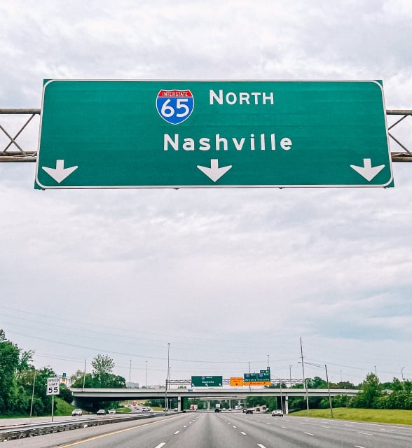 Driver's Perspective View of a "Nashville" Directional Sign on Interstate 65, Driving North