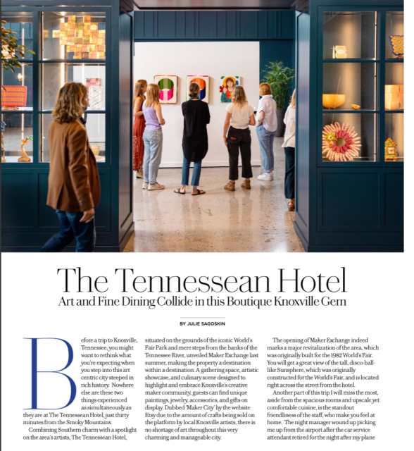 A group of women views vibrant abstract art on a gallery wall. The context is "The Tennessean Hotel," a boutique Knoxville gem, in the "TRAVEL" section.